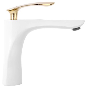 Baterie Lavoar REA ORBIT WHITE GOLD LOW, Montaj Pe Lavoar, Capat Fix, Monocomanda, Inaltime 11.7 Cm, Alb/Auriu - Img 3