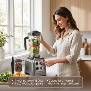 Blender Profesional 2 In 1 SeveShop® Teendow, Motor Puternic 1800W, Blender Cu Rasnita Cafea, Functie Timer, Pulse, Intensitate Viteza Reglabila, 6 Lame Inox Multifunctionale, Blender Multifunctional Smoothie, Sucuri Si Macinare, Capacitate 2L, Gri - Img 2