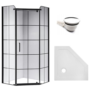 Cabina de dus BS06A Pentagonala 80x80cm, Neagra+Cadita de dus ST07A, Culoare Alb