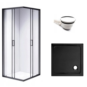 Cabina de dus din sticla securizata cu rame negre si cadita neagra BL30B-ST02B 90x90 cm