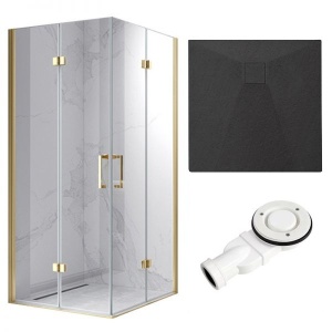 Cabina de dus KZ08C Patrata 90x90cm, Design Modern Auriu + Cada de dus Riko Negru