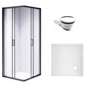 Cabina de dus Patrata BL30A, Dimensiune 80x80cm, Culoare negru+Cada de dus alba