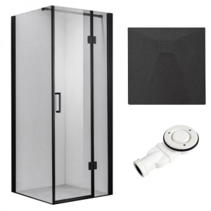 Cabina de dus Patrata KZ1390B, Dimensiune 90x90cm, Culoare Negru+Cada de dus RIKO neagra