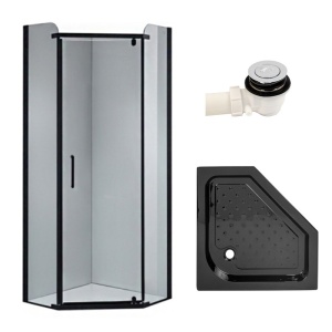 Cabina de dus pentagonala din sticla securizata si rame negre cu cadita de dus neagra KZ91A-SXL07A 80 x 80 cm