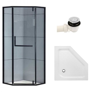 Cabina de dus Pentagonala KZ4026A, Dimensiune 80x80cm, Culoare Negru+ Cadita de dus SXL07A alba