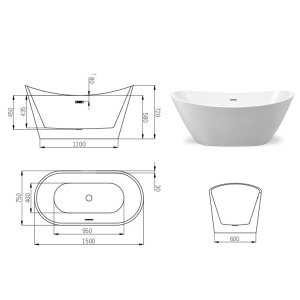 Cada de baie PRO OLSENA 150 cm, free-standing, design modern, Alba - Img 2