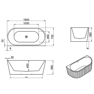 Cada de baie suport CARLO517C, Dimensiune 160x75cm, Design Elegant, Culoare Alb, Deversor Auriu Periat - Img 10