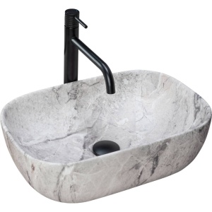 Chiuveta de blat REA LIVIA STONE, Dimensiuni 46.5 cm x 33 x 13.5 cm, Ceramica Sanitara,Imitatie marmura, Alb/Negru