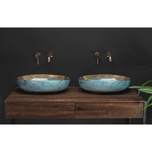 Chiuveta de blat REA MARGOT, Dimensiuni 42 x 34x 14 cm, Forma Ovala, Ceramica sanitara, Albastru/Auriu - Img 4
