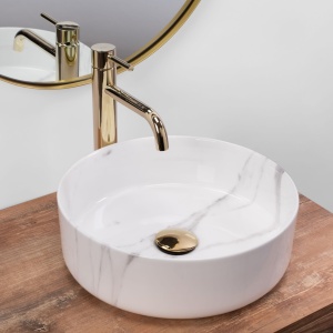 Chiuveta de blat REA SAMI MARBLE WHITE, Dimensiuni 36 cm x 36 x 11.5 cm, Ceramica Sanitara,Fara Gaura baterie,Lucios