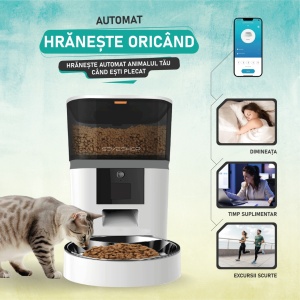 Hranitor automat SeveShop QQ009 WiFi, camera video, audio, vas inox, functie dozator caini sau pisici, functie adapator, sunet hranire, programabil, sursa alimentare dubla, 6L, aplicatie telefon, alb - Img 4