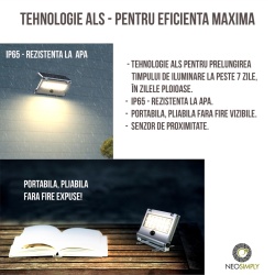 Lampa Solara LED Portabila de Exterior, Neosimply Camping, 1000 lumeni, 21 OSRAM LEDs, 4 Moduri de utilizare, cu senzor de proximitate si panou solar detasabil prin cablu de 4 Metri - Gri Antracit - Img 3