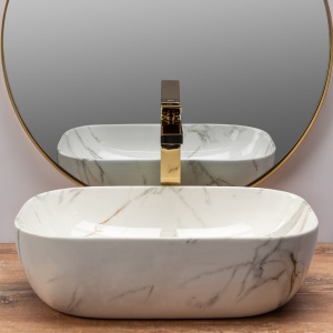 Lavoar De Blat REA BELINDA AIAX MARMURA, Dimensiuni 46 X 32 X 12.5 Cm, Montaj Pe Blat, Design Deosebit,Ceramica Sanitara, Maro/Alb - Img 5