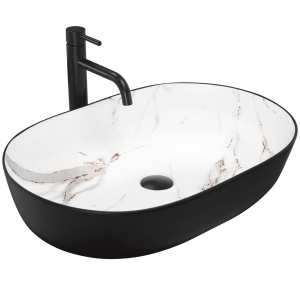 Lavoar De Blat REA CLEO BLACK AIAX MATT, Dimensiuni 60.5X 41 X 14 Cm, Montaj Pe Blat, Forma Ovala, Ceramica Sanitara, Negru/Gri-Maro - Img 1