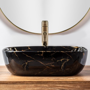 Lavoar de blat REA ERA BELINDA MARBLE LUCIOS, Dimensiuni 46.5cm x 33.5x 13.5cm, Ceramica Sanitara, fara gaura baterie, Negru - Img 5