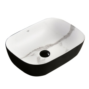 Lavoar pe Blat, Milo, Marmura Ceramica Alb cu Model Marmura Interior-Negru Mat Exterior , Dreptunghiular 45,5 x 32,5 x 13,5 cm - Img 2