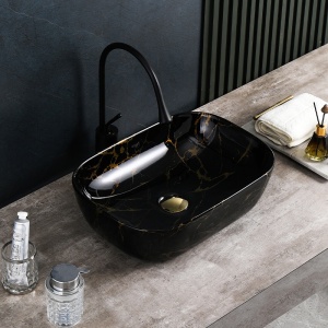 Lavoar pe Blat, Milo, Marmura Ceramica Negru Lucios cu Model Auriu , Dreptunghiular 45,5 x 32,5 x 13,5 cm - Img 9