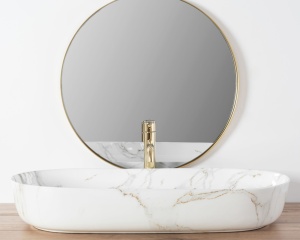 Lavoar REA CLEO 81 SHINNY AIAX, Dimensiuni 81 X 41 X 13.5 Cm, Montaj Pe Blat, Design Deosebit, Ceramica Sanitara, Maro/Alb - Img 3