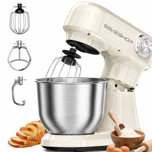 Mixer Cu Bol 4.7L SeveShop® Teendow, Din Inox, Mixer Profesional 1500W, 12 Trepte De Viteza, Mod Pulse, Cap Rabatabil, Accesorii Incluse Pentru Framantare, Mixare Si Batere, Mixer Bucatarie Pentru Aluat, Creme Si Deserturi, Culoare Alba - Img 1
