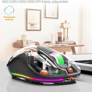 Mouse Wireless Transparent ODISSEY LIFE® Home & Office, Reincarcabil, Silent click, Iluminare RGB, Triple-Mode, 2 recivere, compatibil MacBook/ipad/Laptop BT 5.1, magnetic cover, Black - Img 2
