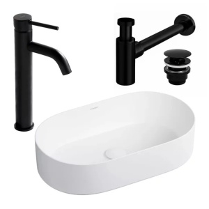 Pachet lavoar pe blat Rea Mesa alb 53.5 cm, baterie lavoar Rea Lungo negru si ventil lavoar Click-Clack negru