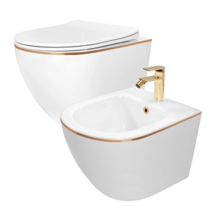 Set Bideu REA CARLO MINI si Vas WC REA CARLO MINI FLAT EDGE, Montaj suspendat, Ceramica sanitara, Capac Soft-Close inclus, Alb/Auriu