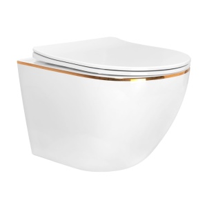 Set Bideu REA CARLO MINI si Vas WC REA CARLO MINI FLAT EDGE, Montaj suspendat, Ceramica sanitara, Capac Soft-Close inclus, Alb/Auriu - Img 4