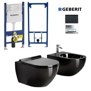 Set Bideu si Vas WC PRO GEBERIT, montaj suspendat, ceramica sanitara,Vas WC VERA VITO BLACK RIMLESS +Bideu +Capac Soft-Close SLIM PREMIUM+Cadru +Clapeta - Img 1