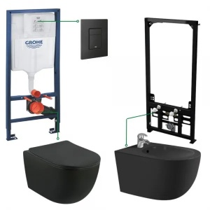 Set Bideu si Vas WC PRO GROHE, montaj suspendat, ceramica sanitara, Vas WC Fluminia Minerva RIMLESS +Bideu +Capac Soft-Close Inclus +Cadru + Clapeta Negru Matt Patrat