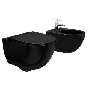 Set Bideu si Vas WC REA CARLO Mini Rimless, Suspendat, Ceramica Sanitara, 49 X 37 X 35.5 cm, Capac Soft-Close Inclus, Negru Lucios