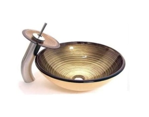 Set complet Chiuveta de blat PRO ERA GLASS si baterie, Forma rotunda, Dimensiuni 42 cm x 42 x 14 cm, Sticla temperata, Gold - Img 1