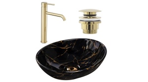 Set lavoar SOFIA MARBLE black si baterie inalta LUNGO GOLD, DOP universal gold - Img 1