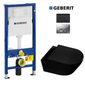 Set Vas WC PRO GEBERIT, Montaj Suspendat, Ceramica Sanitara, Vas WC SONET BLACK RIMLESS + Capac Soft-Close STANDARD Inclus + Cadru + Clapeta
