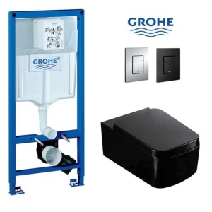 Set Vas WC PRO GROHE, Montaj Suspendat, Ceramica Sanitara, Vas WC CUBIC BLACK RIMLESS + Capac Soft-Close STANDARD Inclus + Cadru + Clapeta