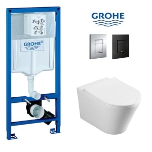 Set Vas WC PRO GROHE, Montaj Suspendat, Ceramica Sanitara, Vas WC SONATA Clementina RIMLESS + Capac Soft-Close PREMIUM Inclus + Cadru + Clapeta