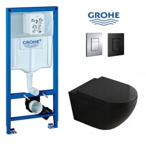 Set Vas WC PRO GROHE, Montaj Suspendat, Ceramica Sanitara, Vas WC VERA BLACK RIMLESS + Capac Soft-Close STANDARD Inclus + Cadru + Clapeta