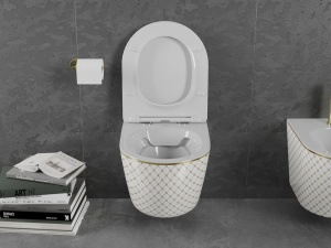 Set Vas Wc REA Lenacarlo Alb/Auriu, Tehnologie Rimless, Capac slim cu inchidere lenta - Img 4