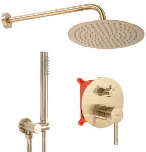 Sistem Complet De Dus REA LUNGO GOLD BRUSHED + BOX, Montaj In Perete, Para Rotunda Tip Ploaie 25x25 Cm, 2 Functii , Auriu Nichelat