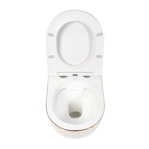 Vas WC REA CARLOS FLAT DIAMOND GOLD, Suspendat, Ceramica Sanitara, 49.5 X 37 X 32 Cm, Scaun Soft-Close Inclus, Forma Ovala, Alb/Auriu - Img 4