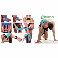 Banda Kinesiologica, Kinesio Tape - Odyssey Life, pretaiata, impermeabila pentru ameliorarea durerii, rola cu 20 benzi de 25 cm lungime, culoare Fucsia - Img 2