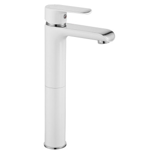 Baterie Lavoar REA BLOOM WHITE CHROM HIGH, Montaj Pe Blat, Capat Fix, Inaltime 30 Cm, Finisaj Alb/Crom
