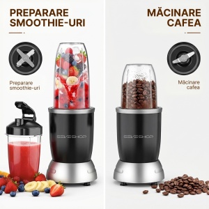 Blender Portabil SeveShop® 1200W 25000 RPM, Cu 3 Recipiente BPA Free 680ml 950ml 1100ml, 6 Lame Inox Si Rasnita 2 Taisuri, Sistem 2 In 1 Mixare Macinare, Protectie Supraincalzire, Ventuze Antialunecare, Design Compact, Negru - Img 7