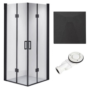 Cabina de dus BS05B Patrata 90x90cm, Design Modern Negru + Cada de dus Riko, Culoare Negru