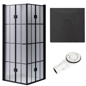 Cabina de dus BS08B Patrata 90x90cm Design Modern Negru + Cada de Dus Riko, Culoare Negru