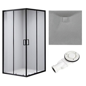 Cabina de dus din sticla securizata cu rame negre si cadita de dus slim gri BL30B/JUKO 90 x 90 cm