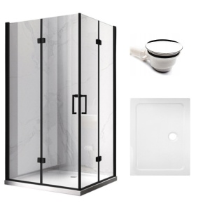 Cabina de dus dreptunghiulara cu rame negre si cadita de dus alba KZ12A-ST03E 90 x 80 cm