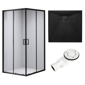 Cabina de dus patrata din sticla securizata cu rame negre si cadita slim neagra BL30B-RIKO 90 x 90 cm