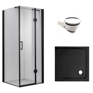 Cabina de dus Patrata KZ1390A, Dimensiune 80x80cm, Culoare Negru+Cadita de dus neagra