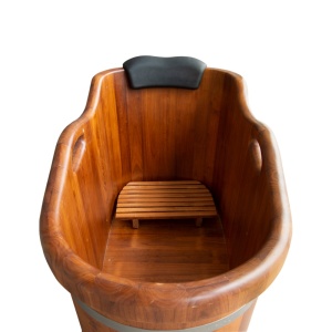 Cada de baie freestanding ovala din lemn, Cu scaun si tetiera, Dimensiuni 140x65x70 cm - Img 4