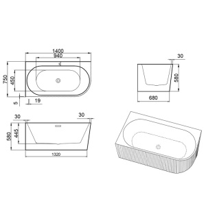 Cada de baie suport RIO 504A, Dimensiune 140x75cm/Stanga, Culoare Alb, Deversor Auriu Periat - Img 7